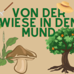 Pflanzen vor beigen Hintergrund mit der grünen Überschrift "Von der Wiese in den Mund"