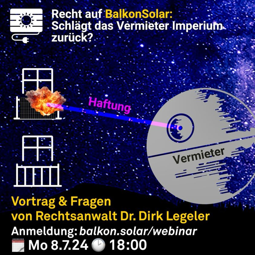 Kurzvortrag „Recht auf BalkonSolar – Was ist zu beachten?“  von Rechtsanwalt Dr. Dirk Legler mit Fragemöglichkeit