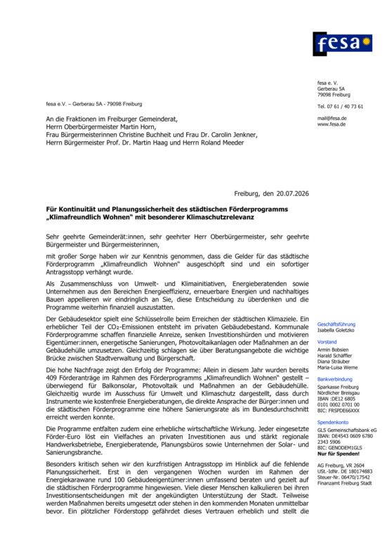 Für Kontinuität und Planungssicherheit des städtischen Förderprogramms,„Klimafreundlich Wohnen“ mit besonderer Klimaschutzrelevanz